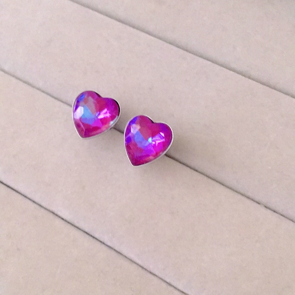 Hot Pink Aurora Borealis Crystal Heart Earrings - Picture 5 of 7